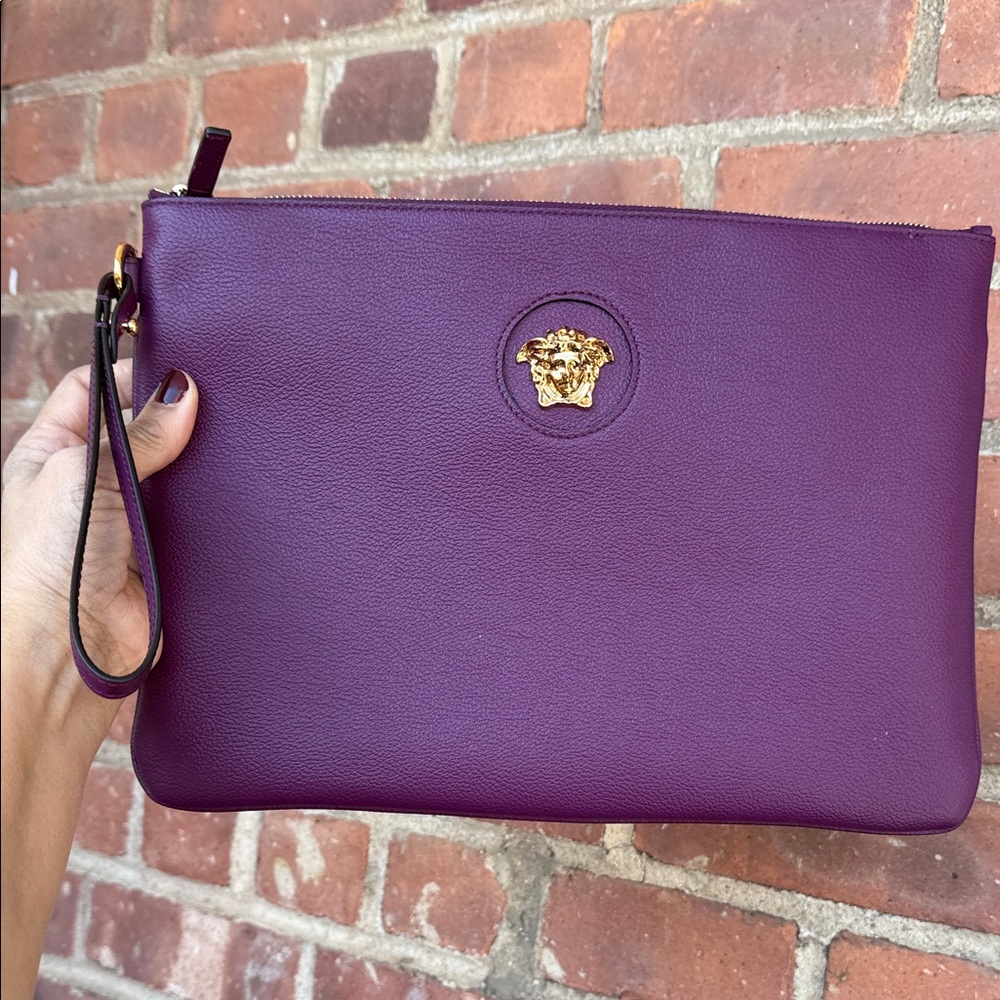 Versace Plum Leather Medusa Wristlet Clutch with Gold-Tone Emblem